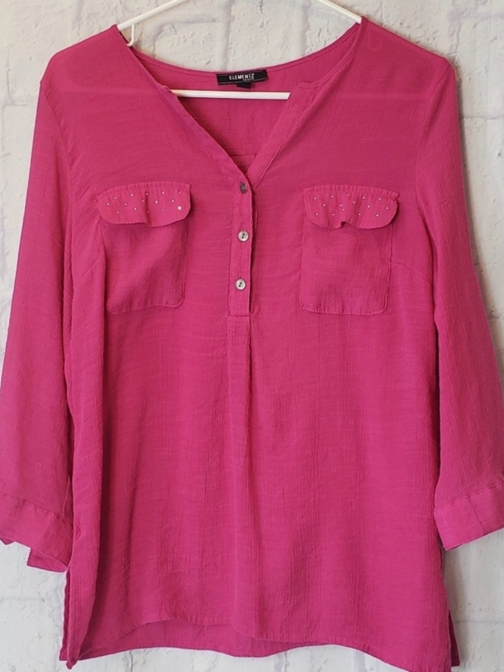 ELEMENTZ Petite Crinkle Gauze Quarter-button Blouse Fushia PL